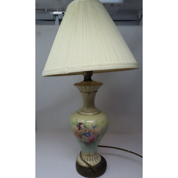 Mid Century Vtg Hand Painted Floral Gold Porcelain Urn Table Lamp 16" Electric - Picture 10 of 11